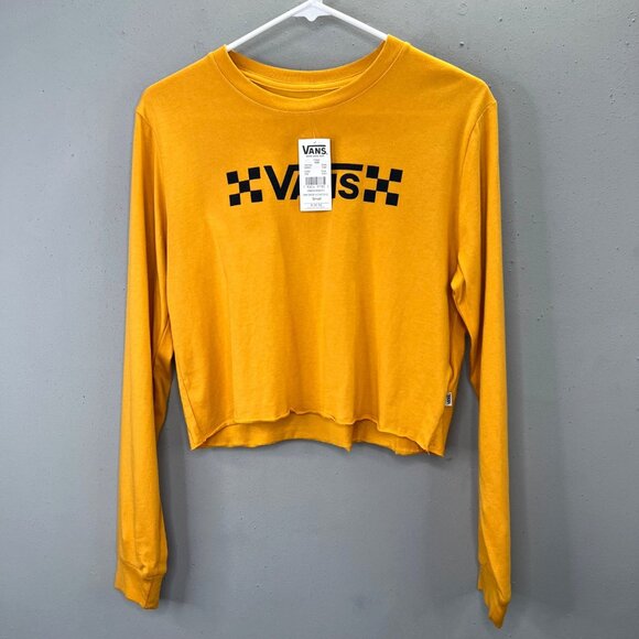 Vans Cropped T Shirt Gold Mustard Yellow S Women Long Sleeve Check Spellout NWT - Picture 1 of 8
